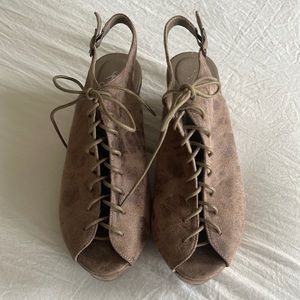 Corkys suede open toe/heel wedges size 10